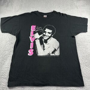 Vintage 90s Elvis Shirt Mens XL Black Pink Graphic Single Stitch‎ USA